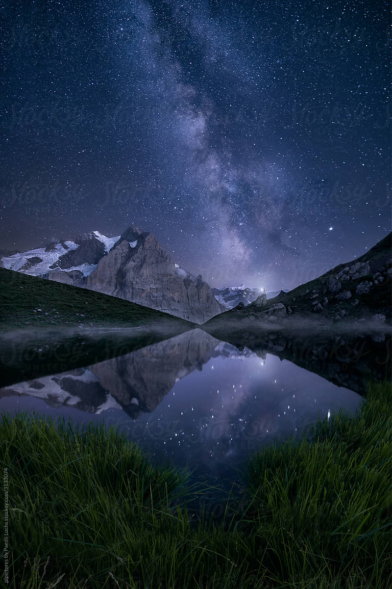 Milky way reflecting in swiss alpine lake
