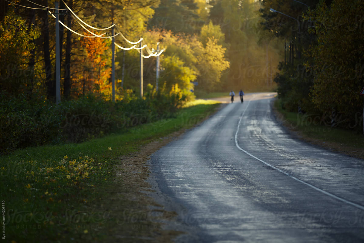 Anonymous couple cycling rural autumn road sunset