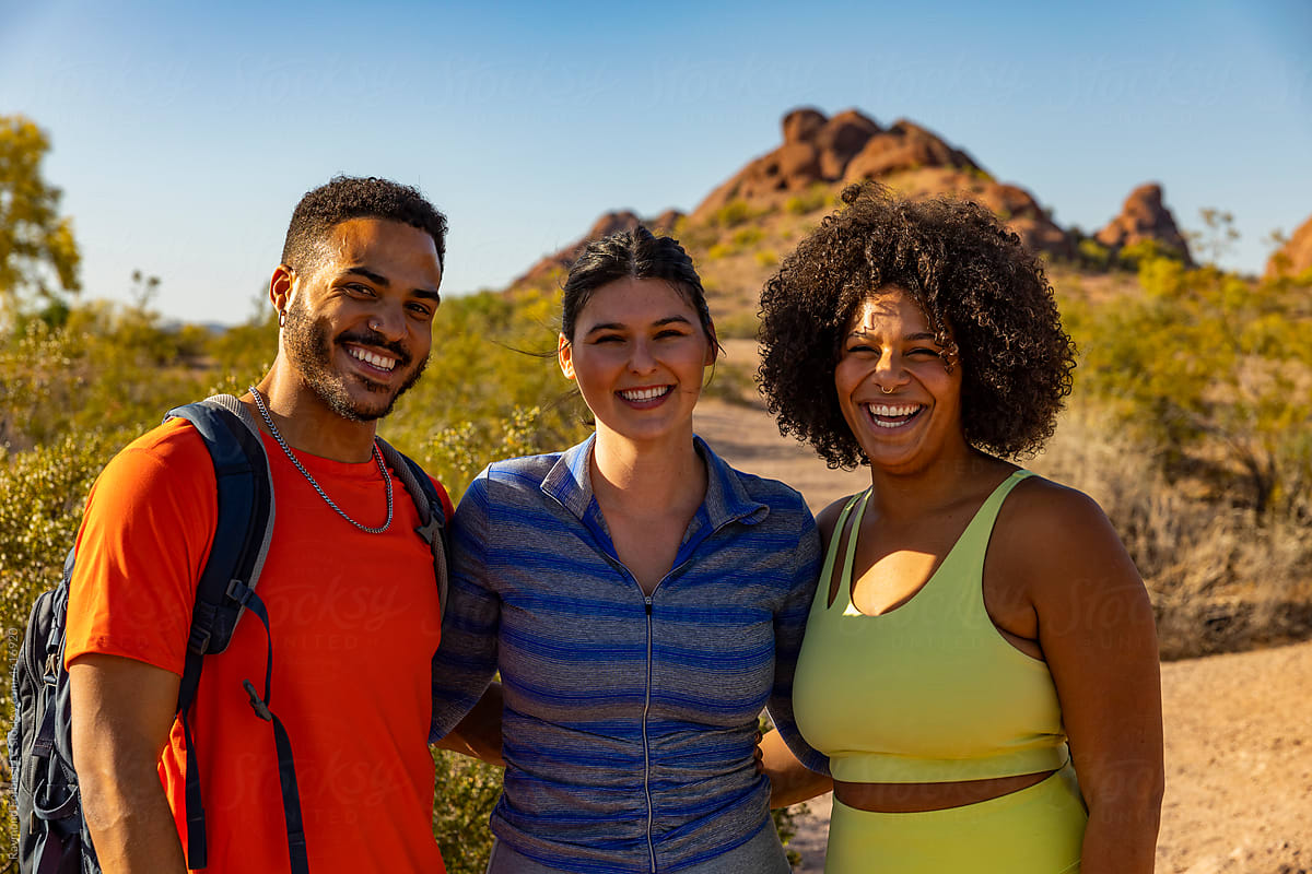 Group Portrait of Friends Hiking and having conversation