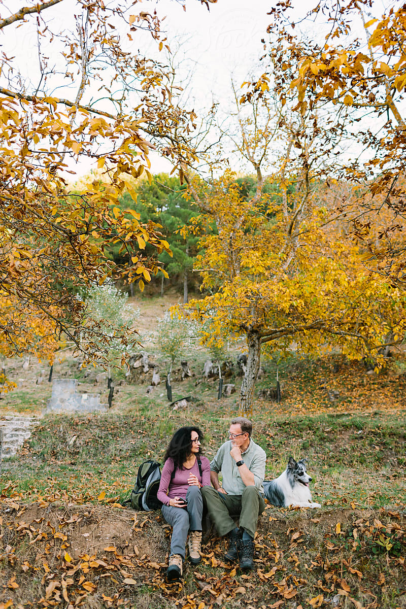 Couple sitting in the woods with their dog