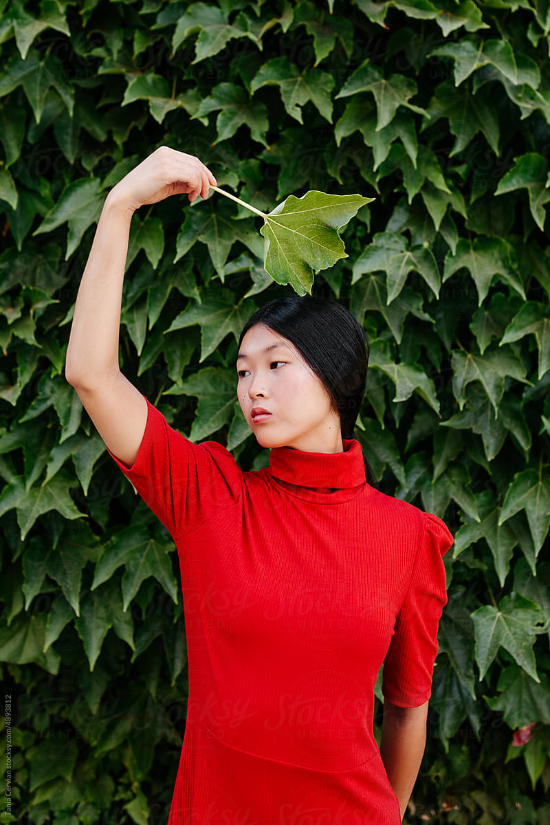 Stylish woman in red dress holding leaf over head