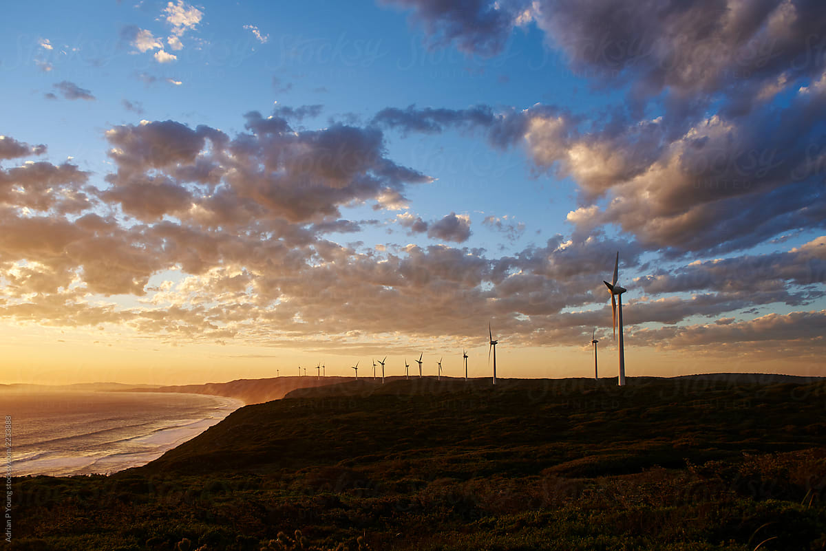 Coastal Wind Farm At Sunset