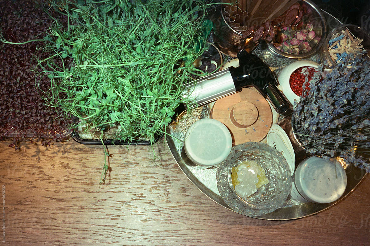 Tray of fresh cocktail herbs and spices + kitchen torch on bar counter