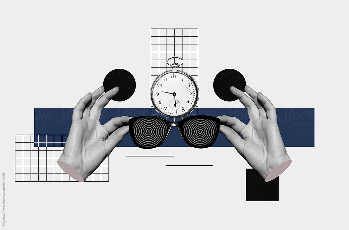 Collage with hands holding glasses and old pocket watch