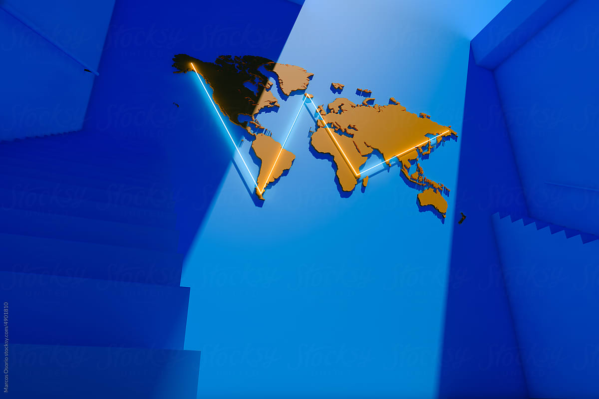 World map in an illuminated interior