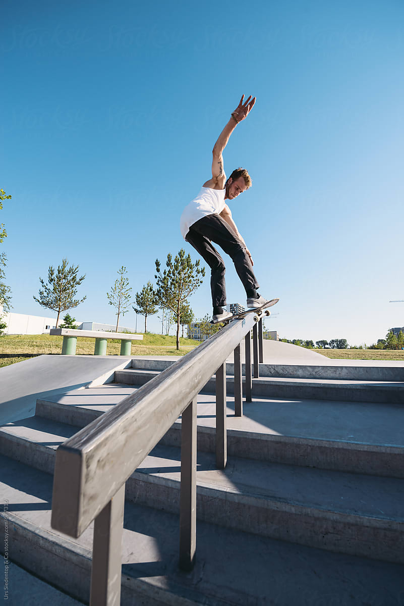 Roller Blader Grinding Handrail Line Skater Grind Rails Skatepark
