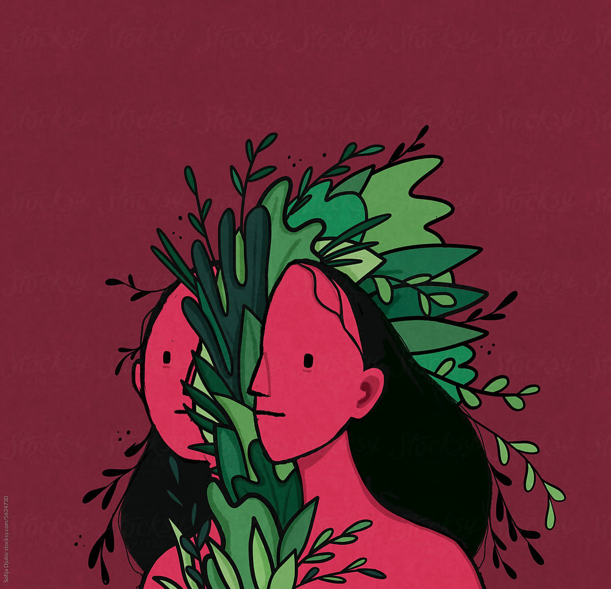 Surreal portrait of a woman with plants growing out her body