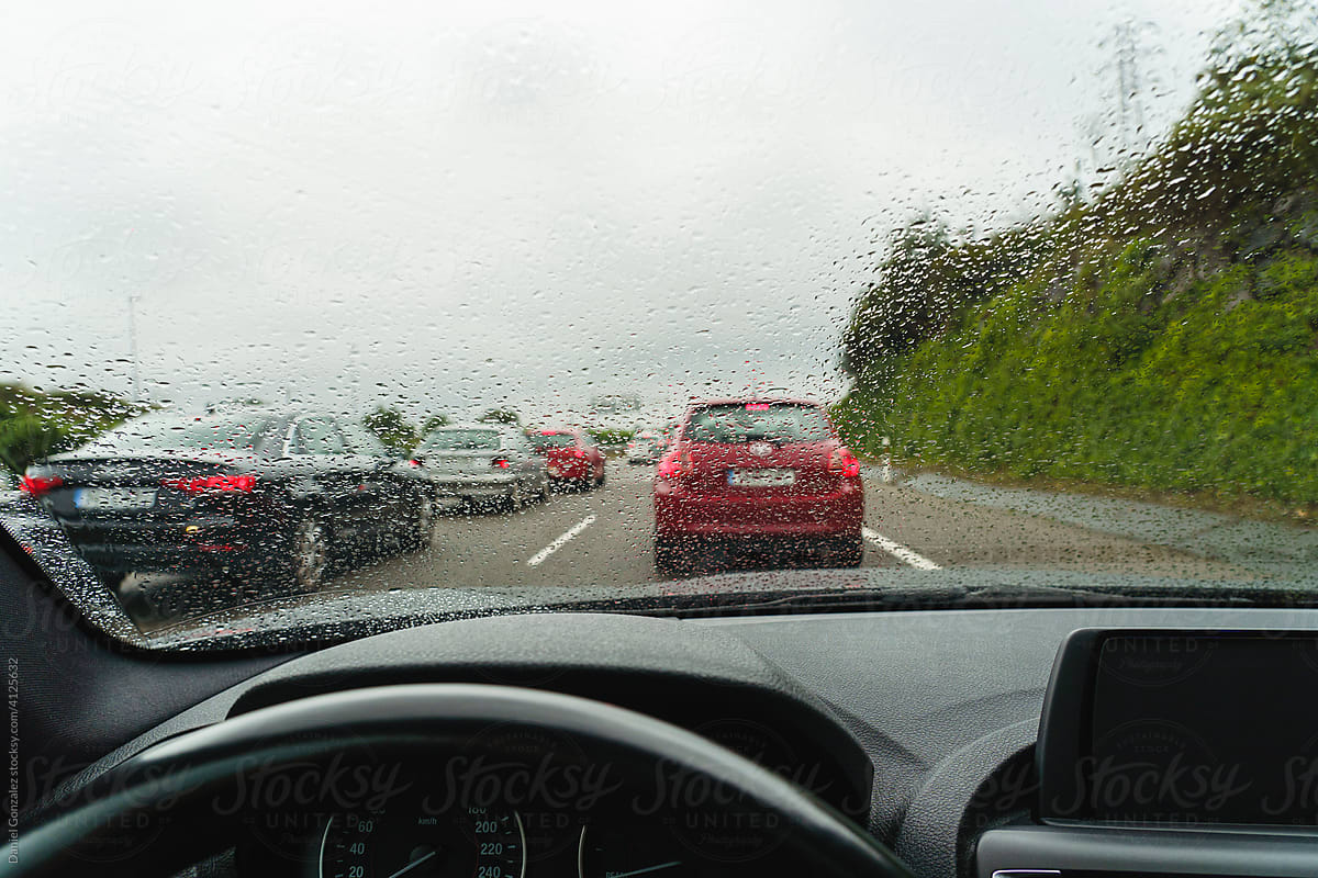 A car jam on a rainy day