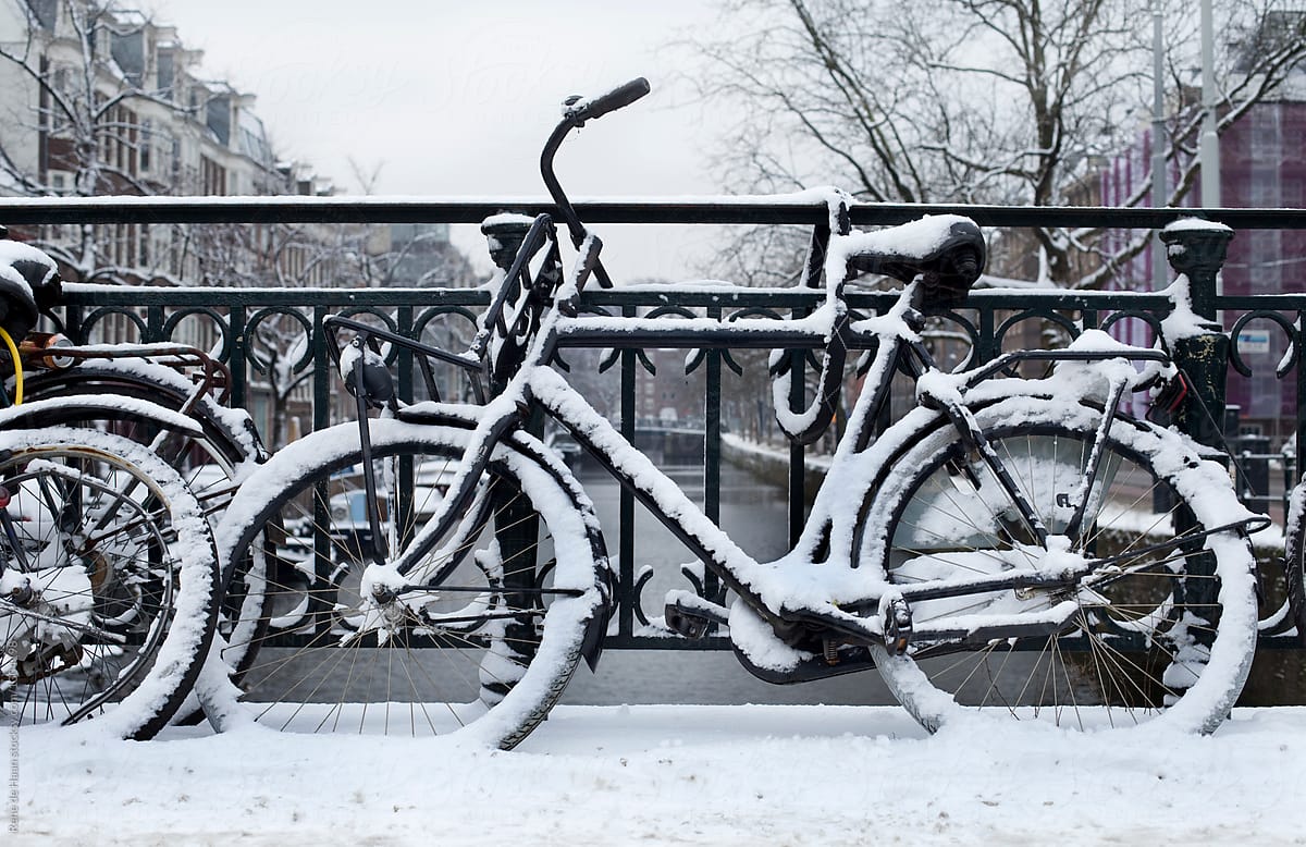 bicycles in the snow in Amsterdam