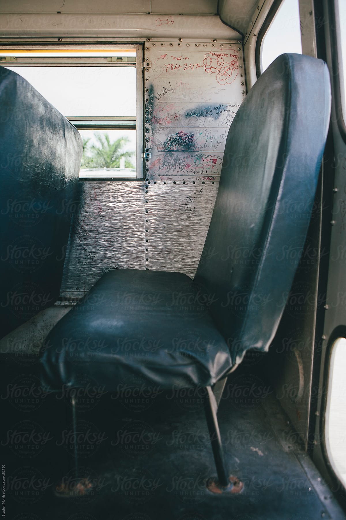 Back seat of old school bus