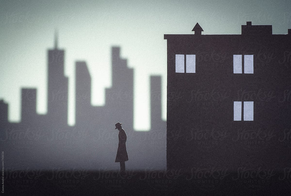 Urban scene silhouette with man detective with city buildings and skyscrapers