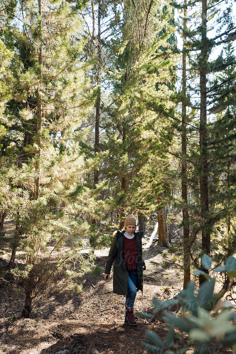 Mature woman walking in forest alone
