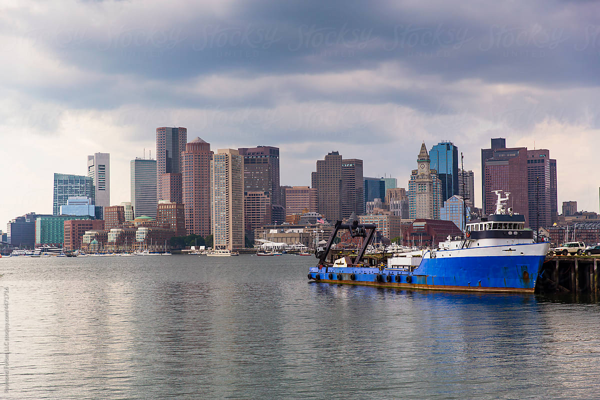 Boston Harbor with commercial fishing boat in port