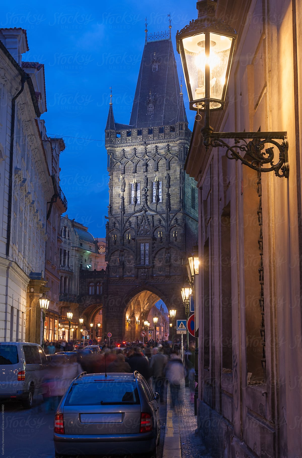 Busy Prague Street at Twilight, Blurred Motion