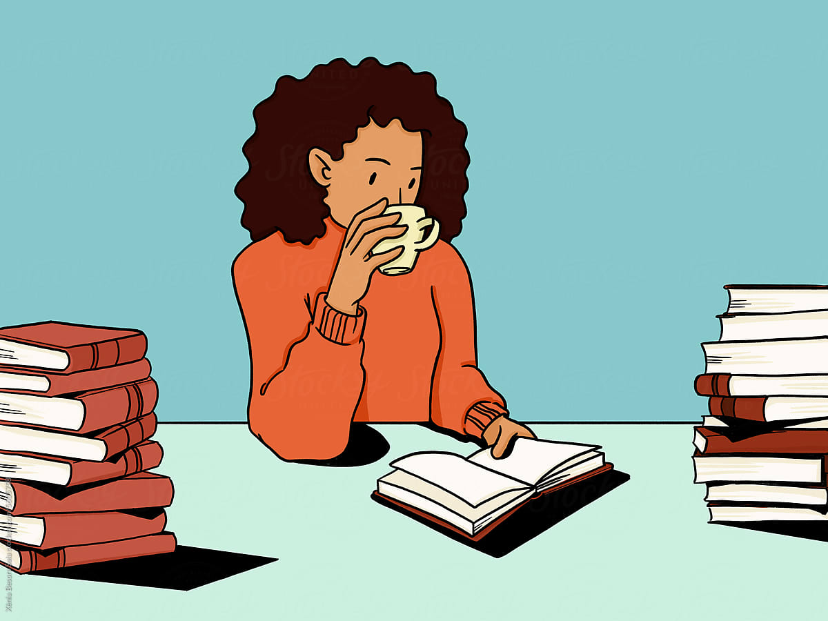 Cartoon black woman reading book and drinking coffee