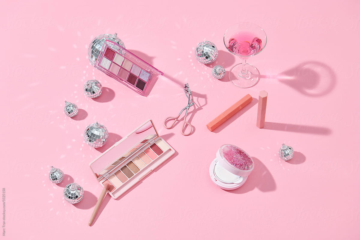 Flat lay with natural beauty products and decorative cosmetics