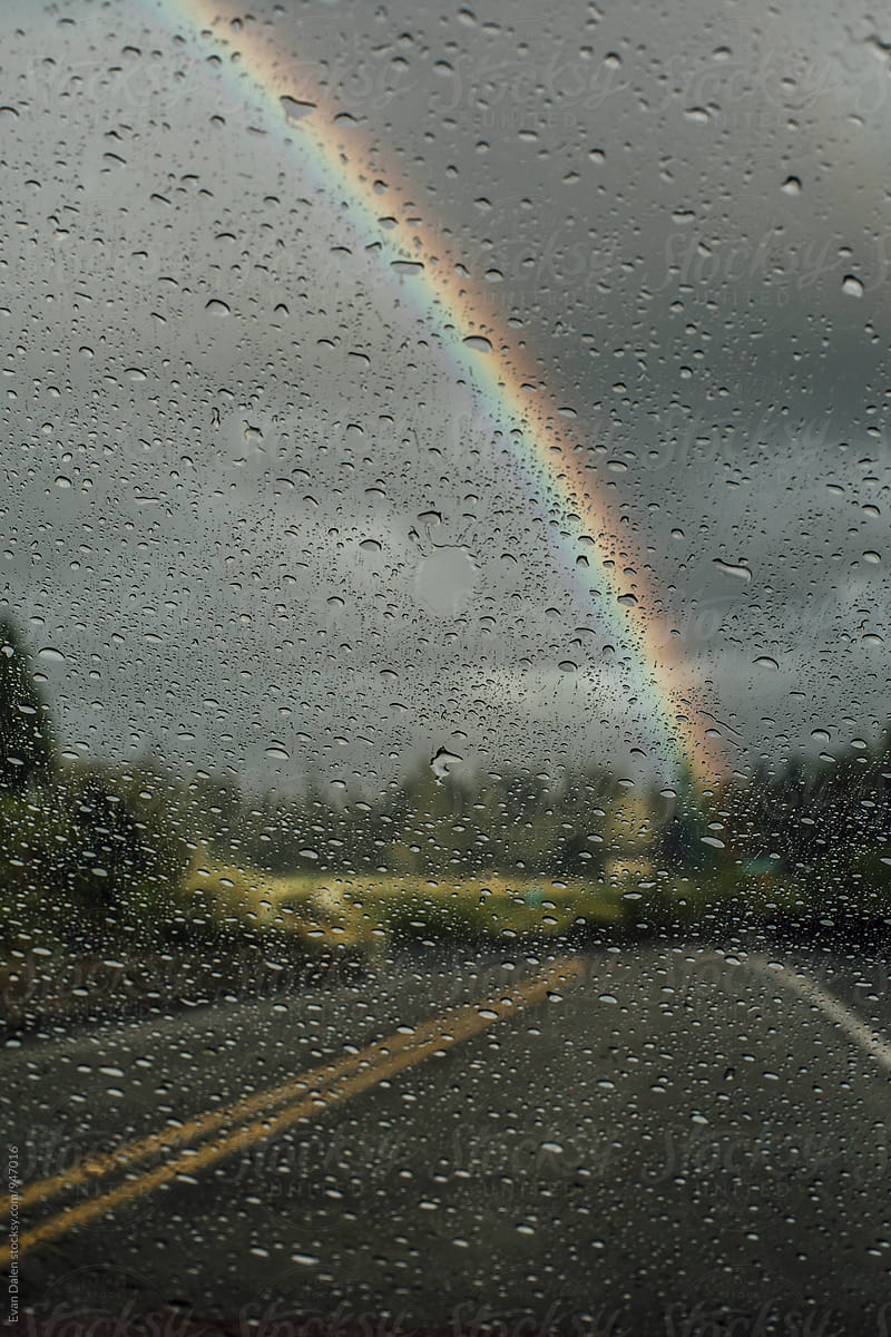 Rain Droplets on Windshield with Rainbow