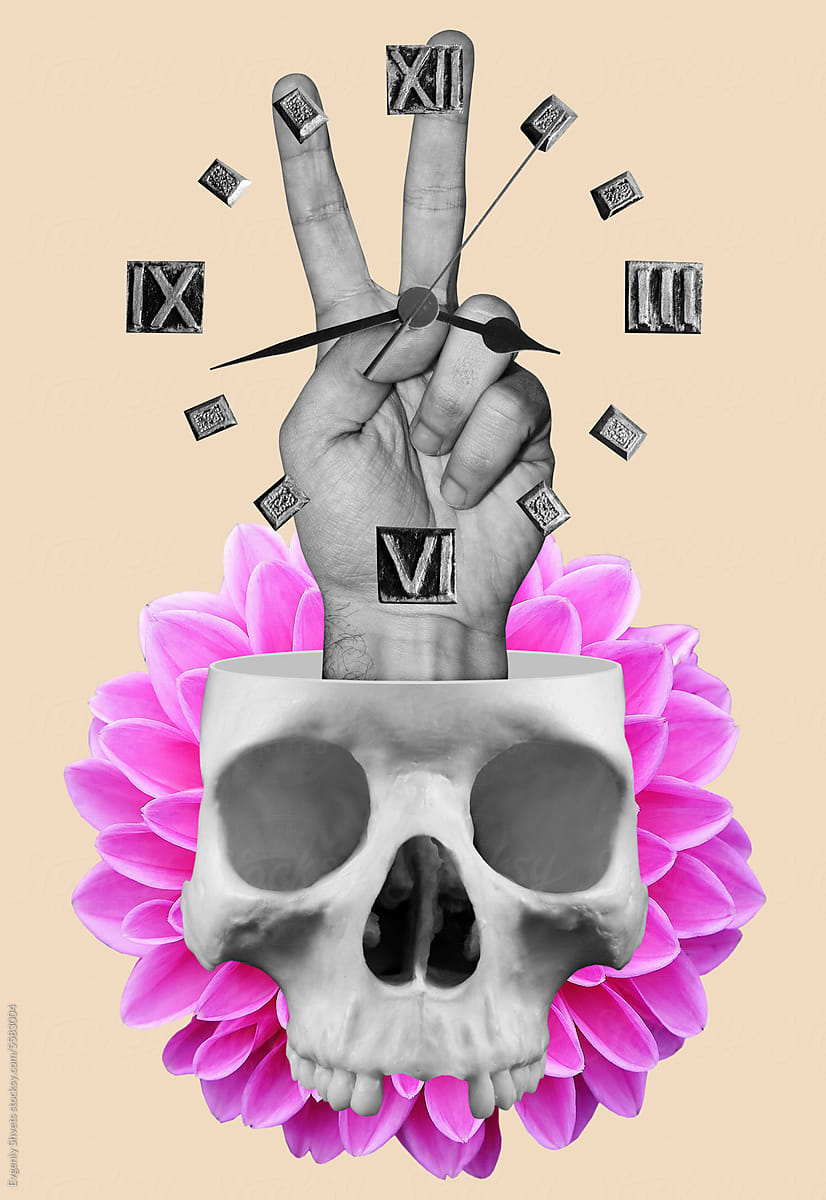 Collage with human skull with a hand showing victory inside