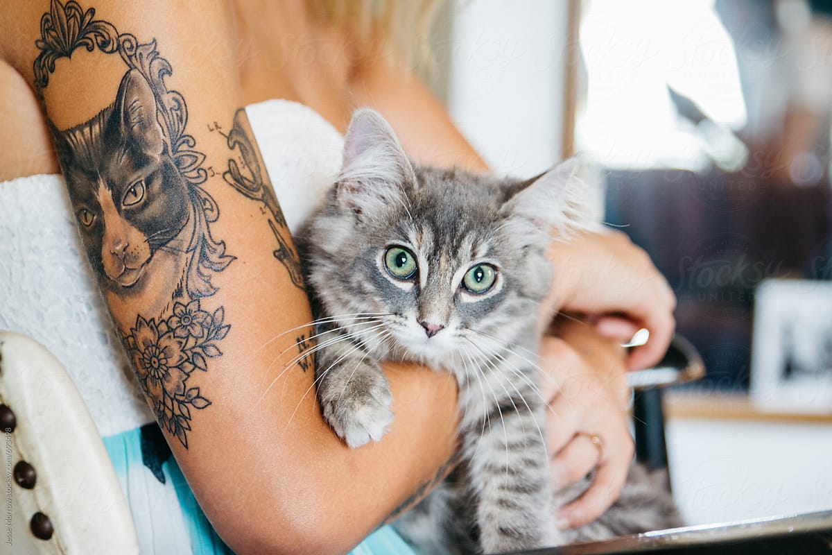 young woman with tattoos holds cat in home while sitting in chair