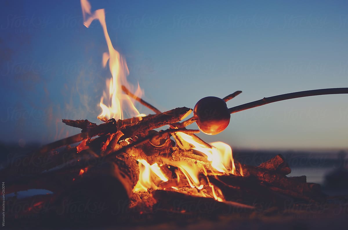 Roasting apple on a wooden stick over campfire by the river at night