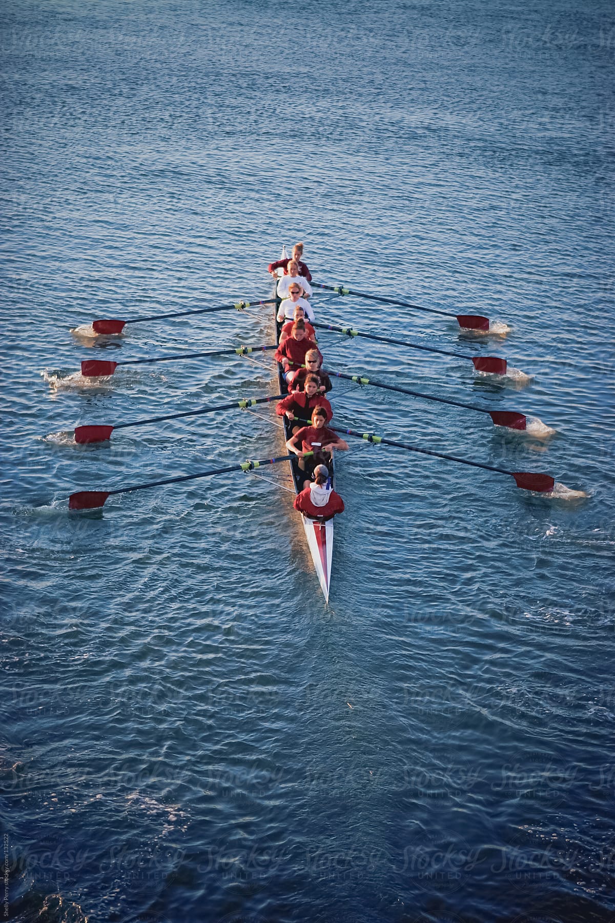 Women's crew team rowing in unison