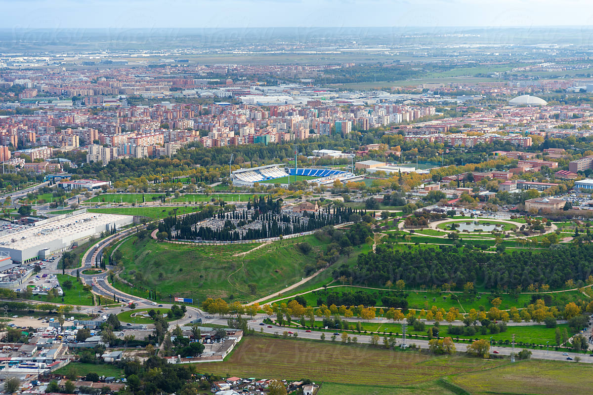 Aerial View Of The Suburbs Of Madrid From An Airplane.