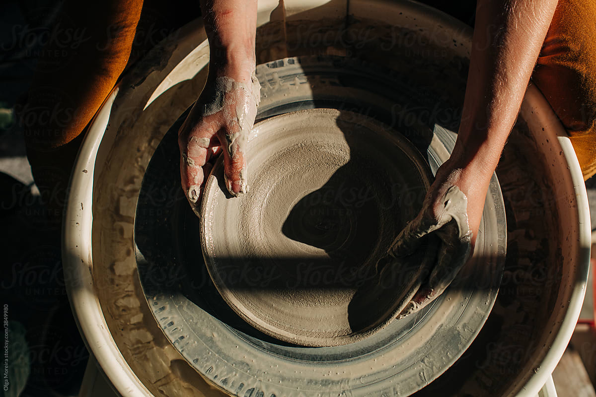 Top view of a working pottery wheel