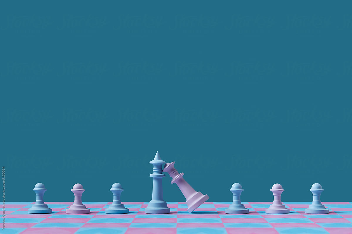 Chess pink queen leaning on blue king pieces.