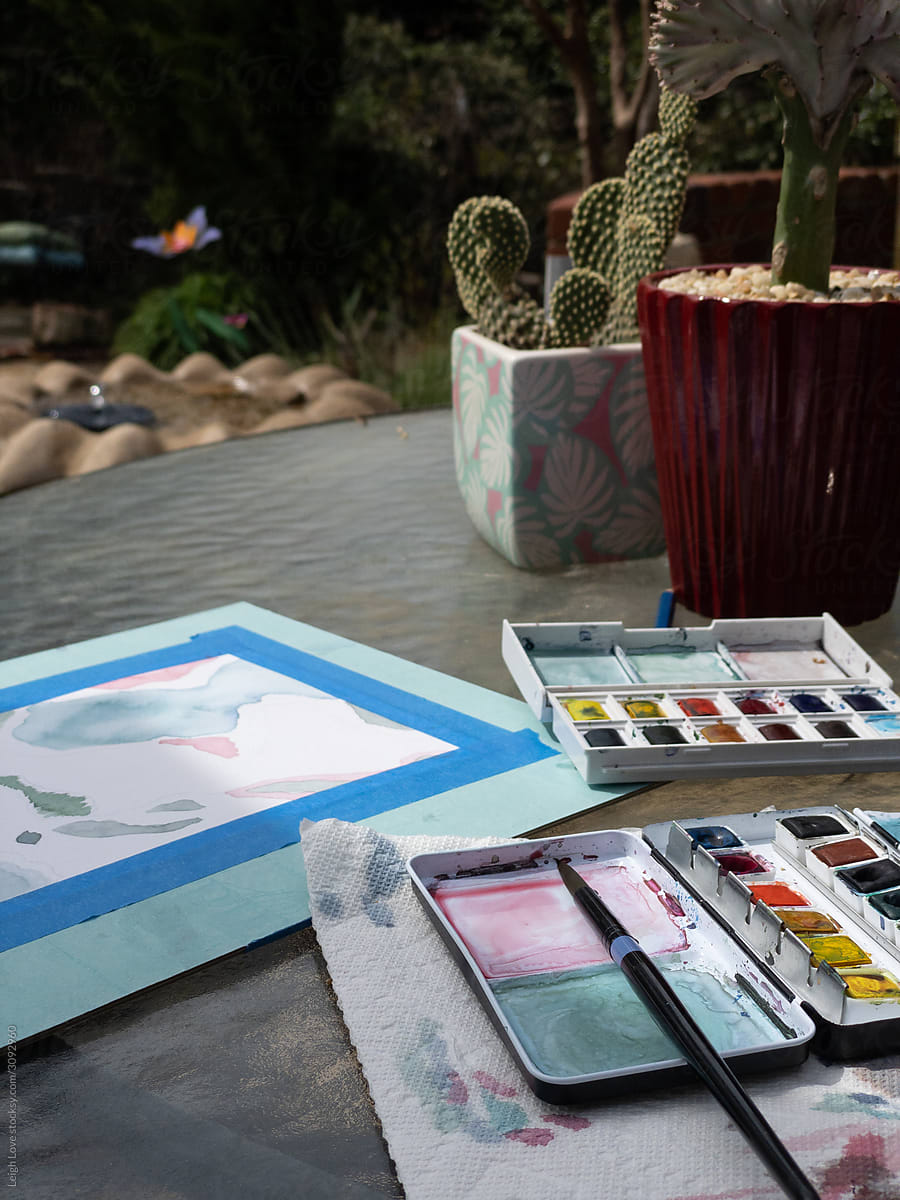 Watercolor Setup Outdoors on Table in A Backyard