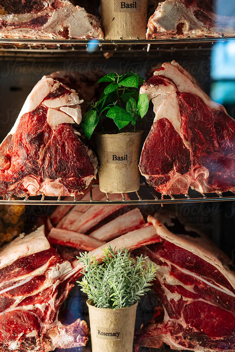 Big chunks of raw dry-aged steak meat