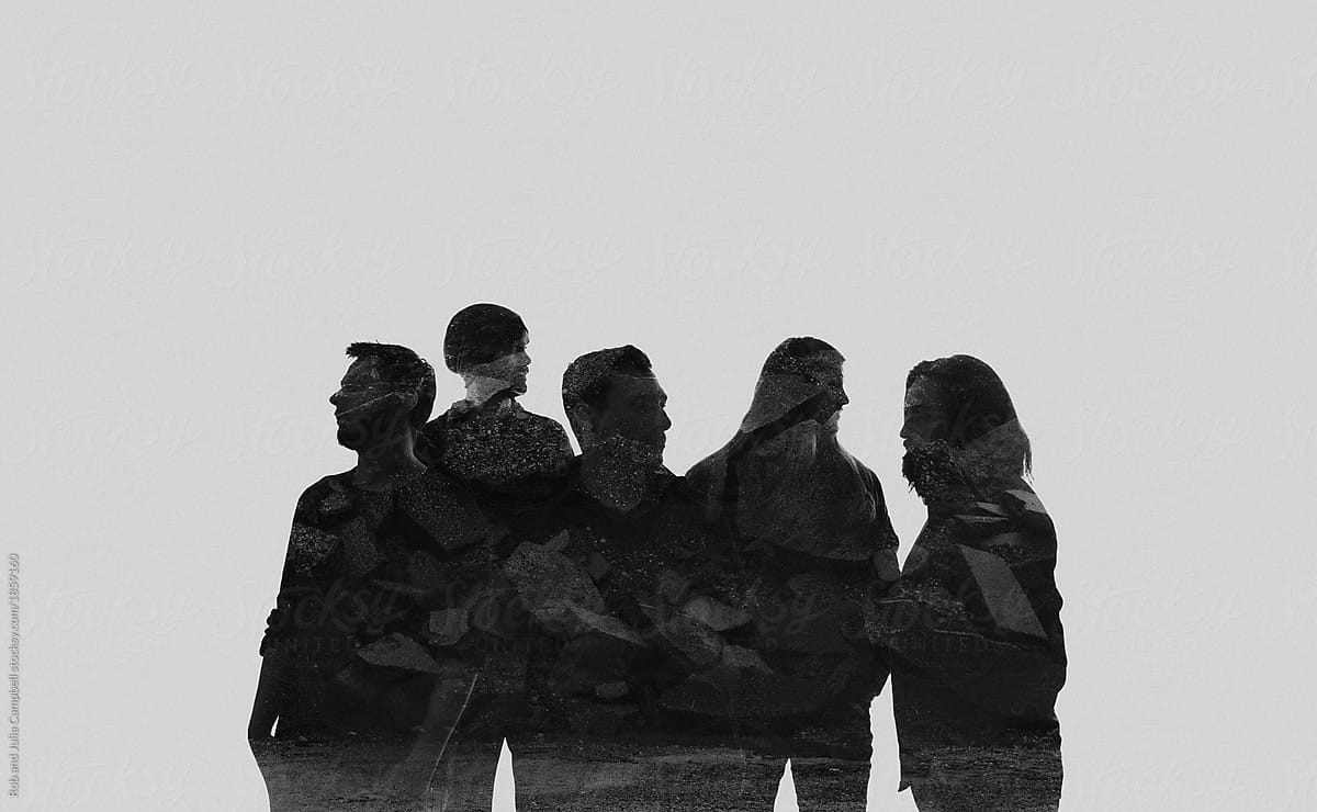 Double exposure of five member band on seamless background