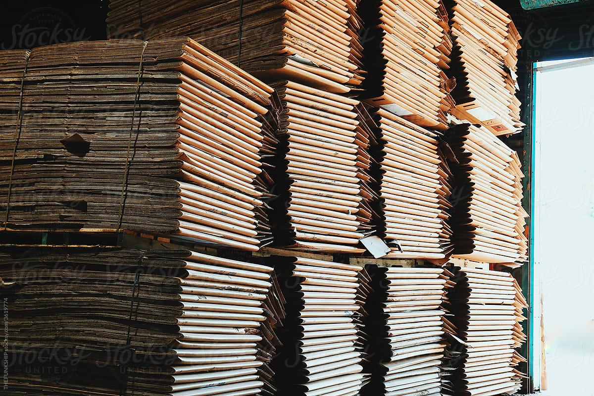 Stacks of Cardboard At A Recycling Factory