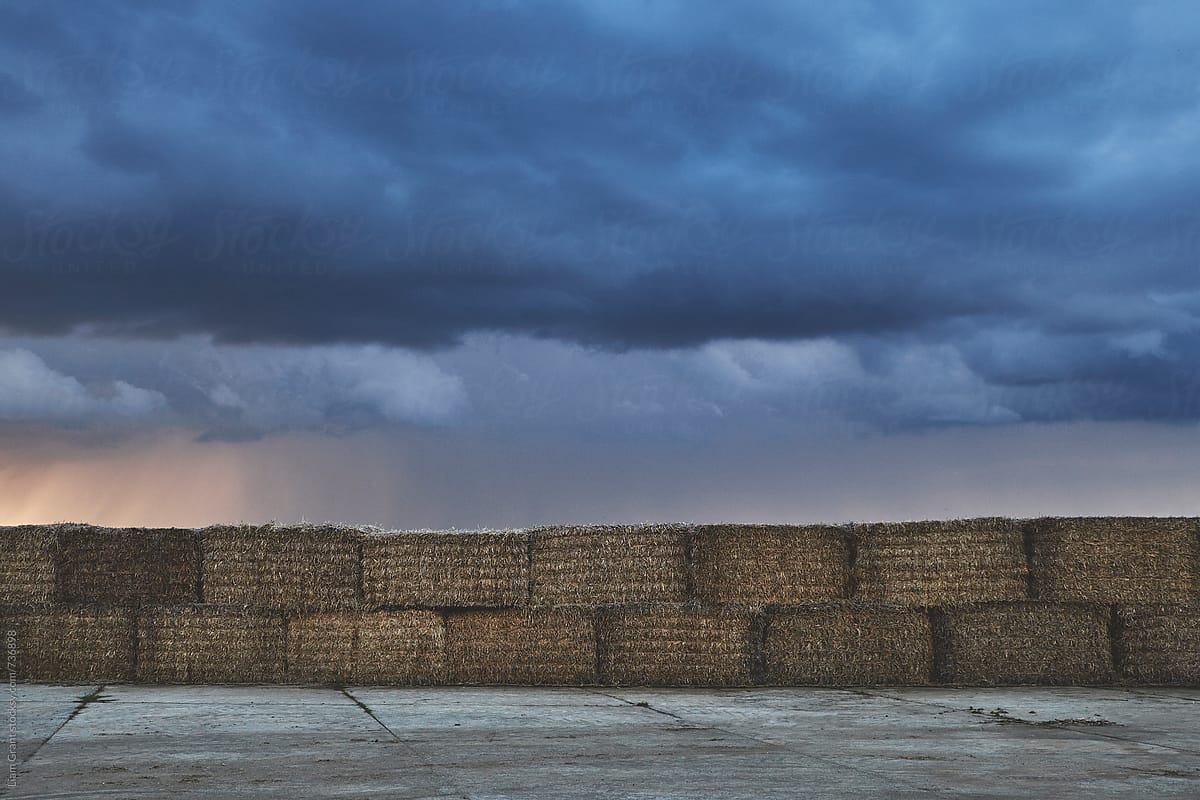 Straw bales stacked below a dark stormy sky at sunset. Norfolk, UK.