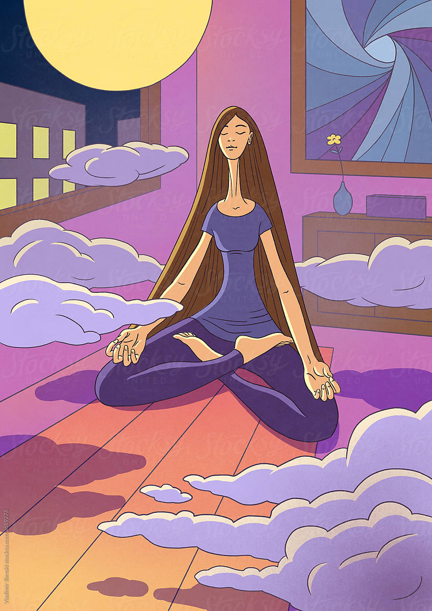 Girl  meditate in a room full of clouds.