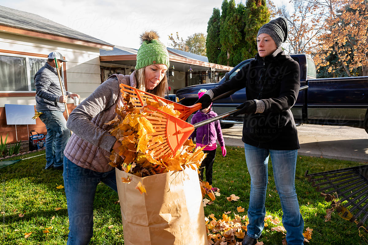 Community volunteers bagging autumn leaves