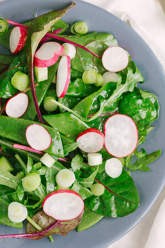 Radish, mangetout (snow pea) and spring onion salad with mixed lettuce leaves