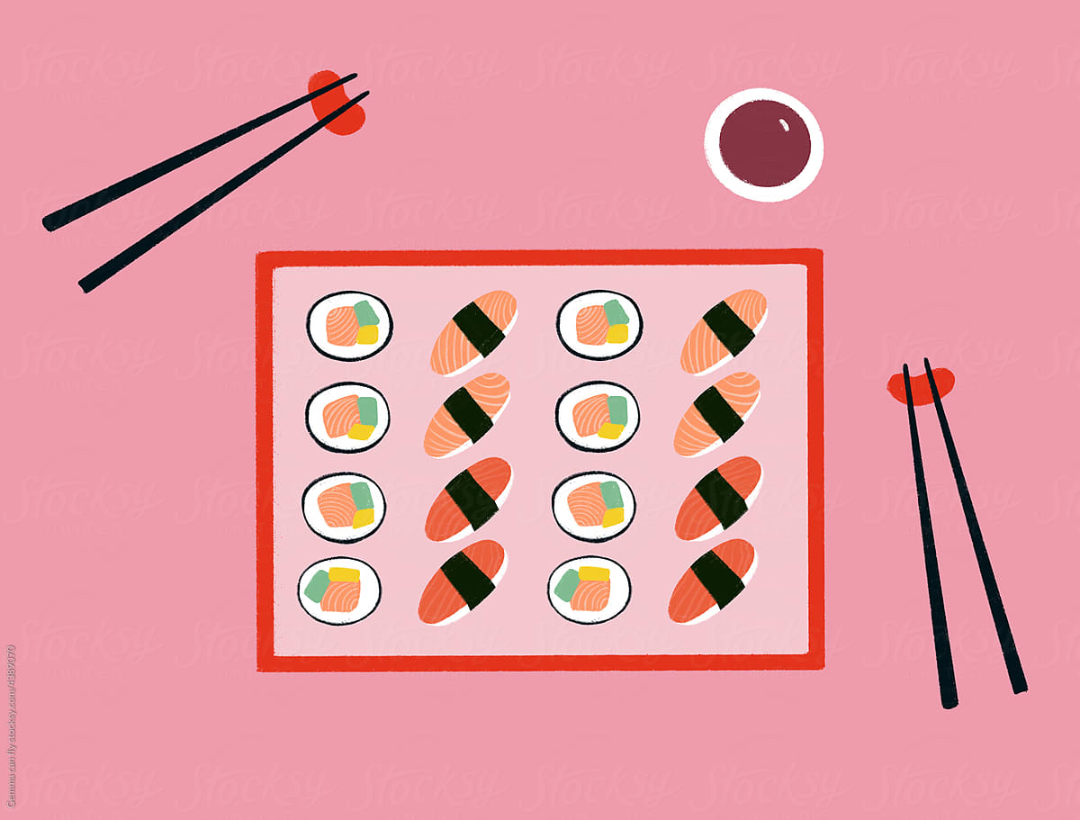 Japanese food. Maki and nigiri sushi illustration