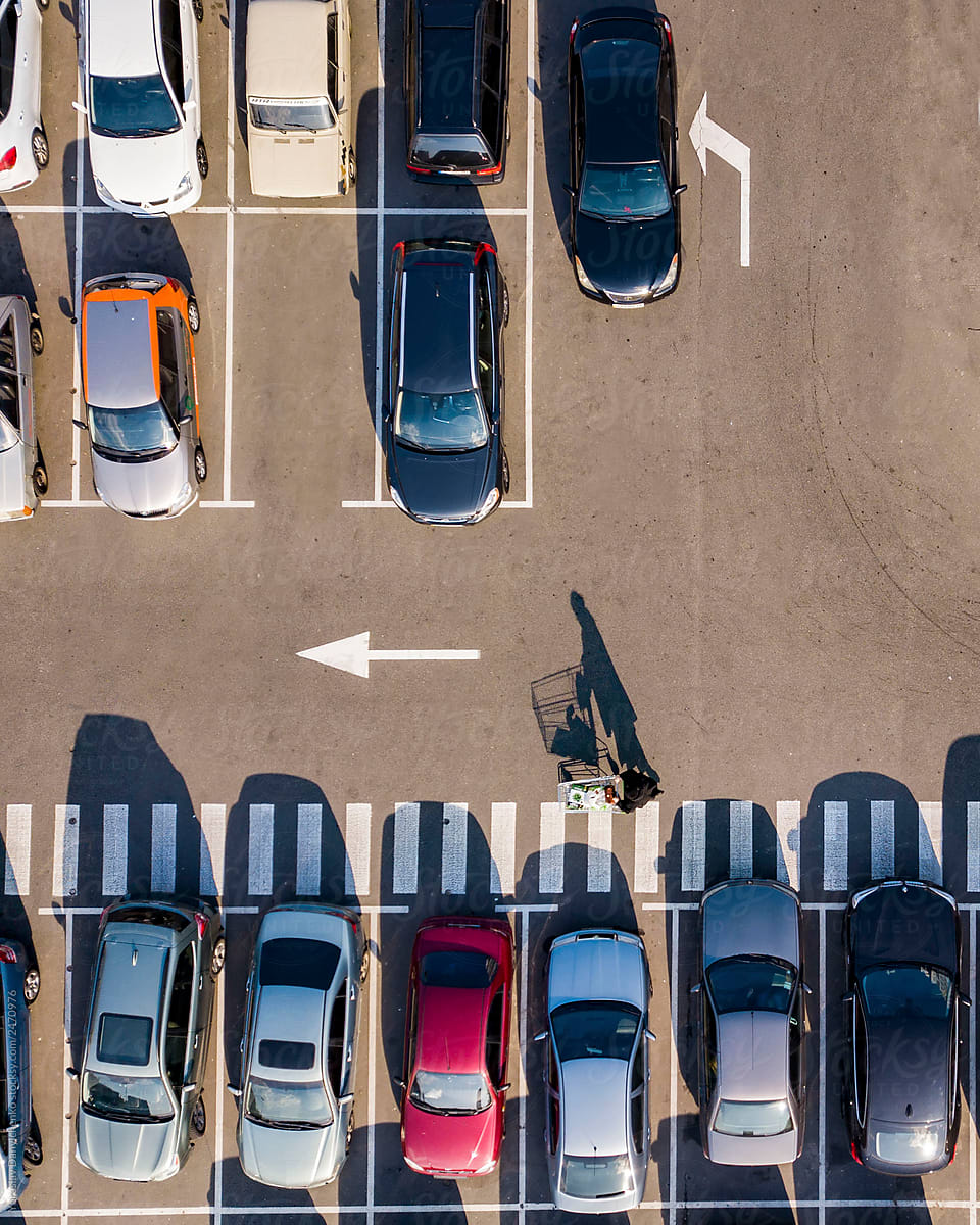 Aerial view from the drone parking lot with cars