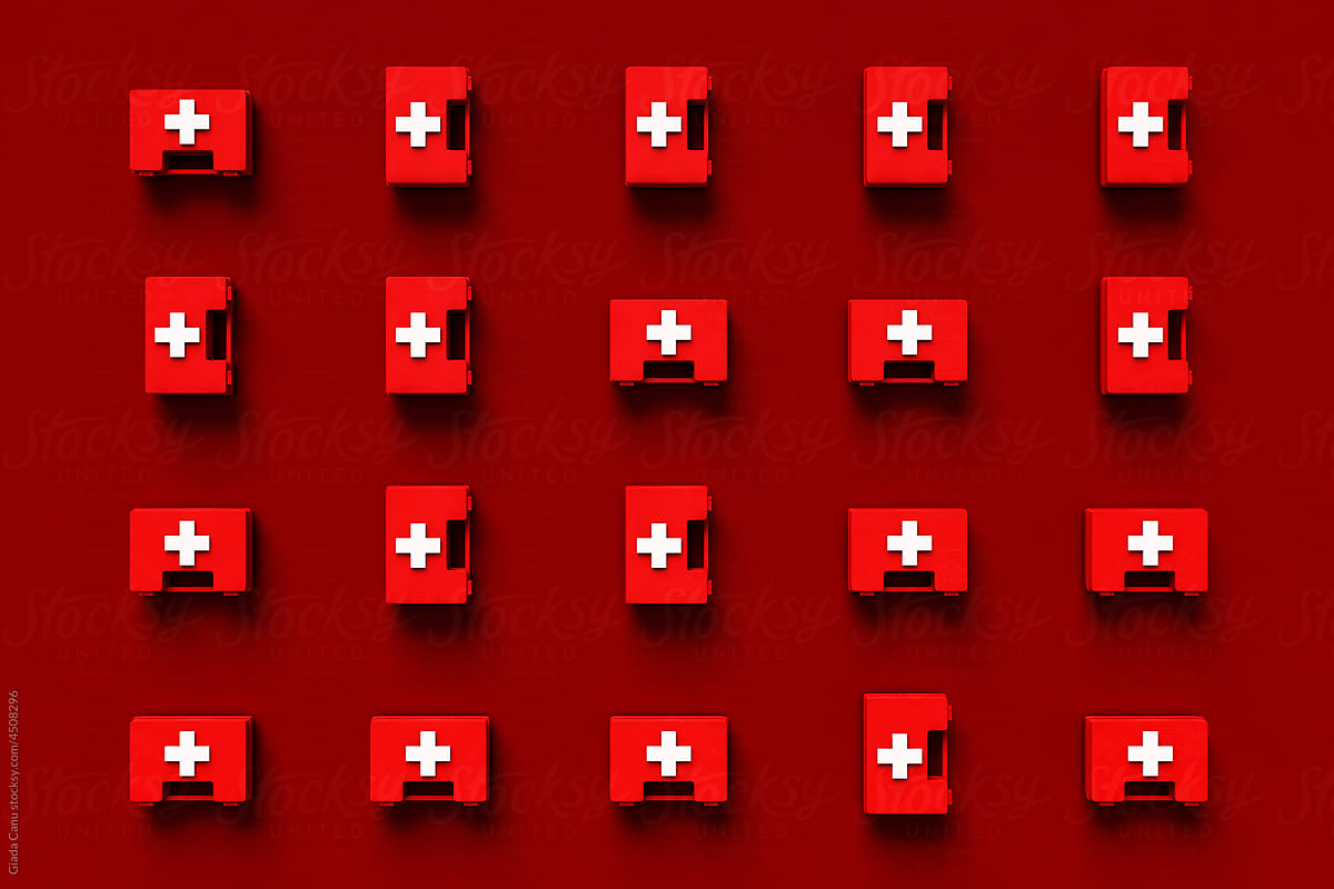 top down view of White first aid kit with a red cross. 3d render