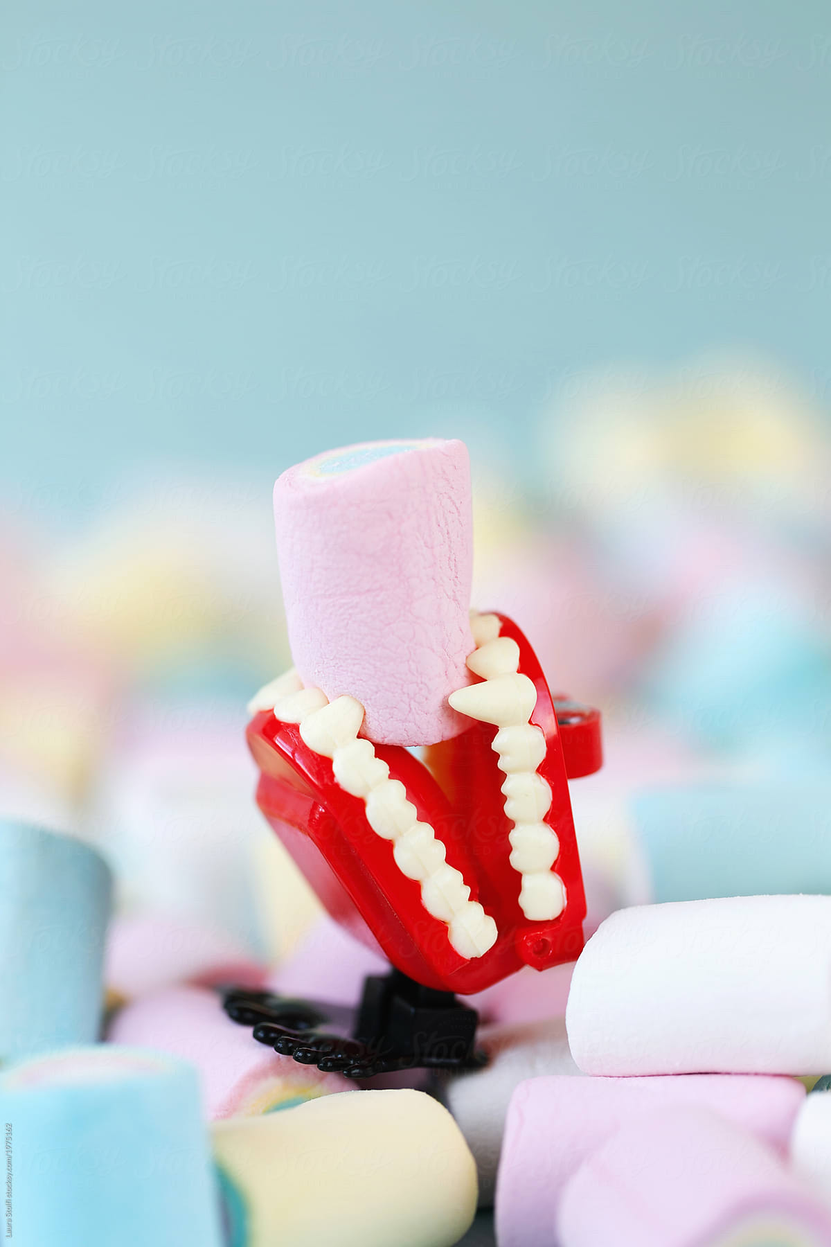 Close up of wind up teeth toy holding a candy in its mouth amongst lots of candies