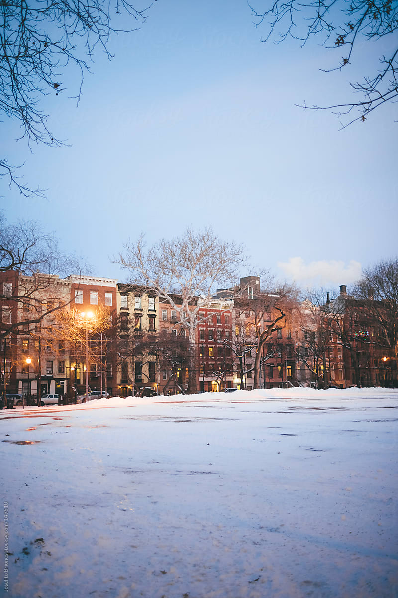 Snow Covered Tompkins Square Park at Winter in East Village New York City