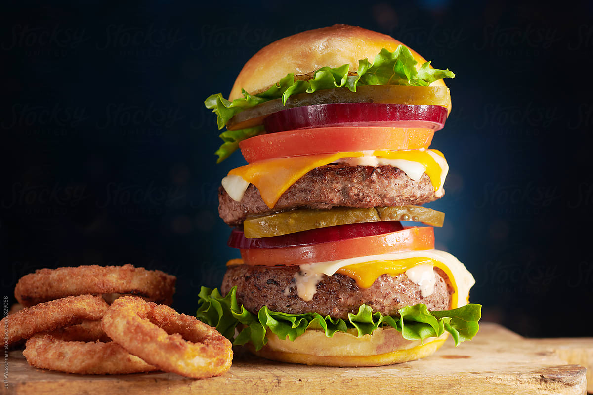 Double Decker Cheeseburger with Onion Rings