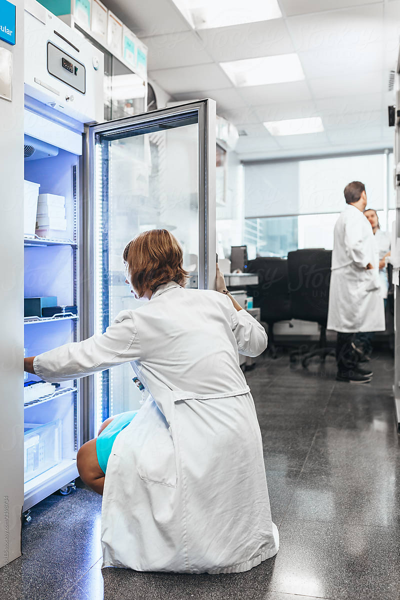 Woman looking inside the lab refrigerator