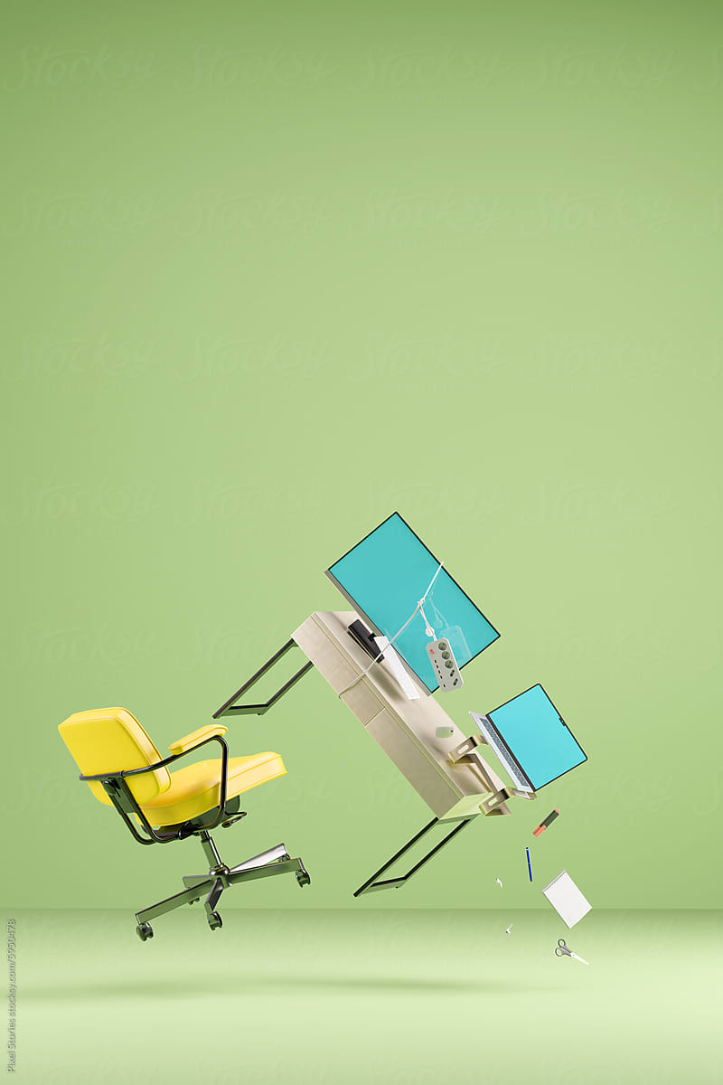 Work job / multitasking balance concept. Floating desk and computer.