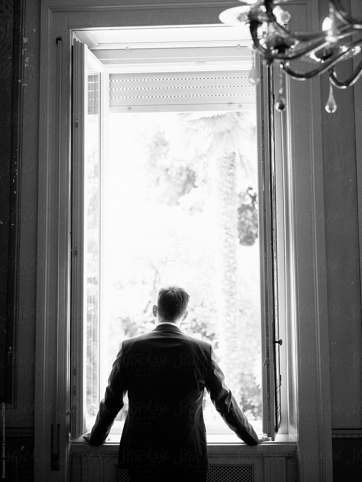Anonymous man in elegant suit in window
