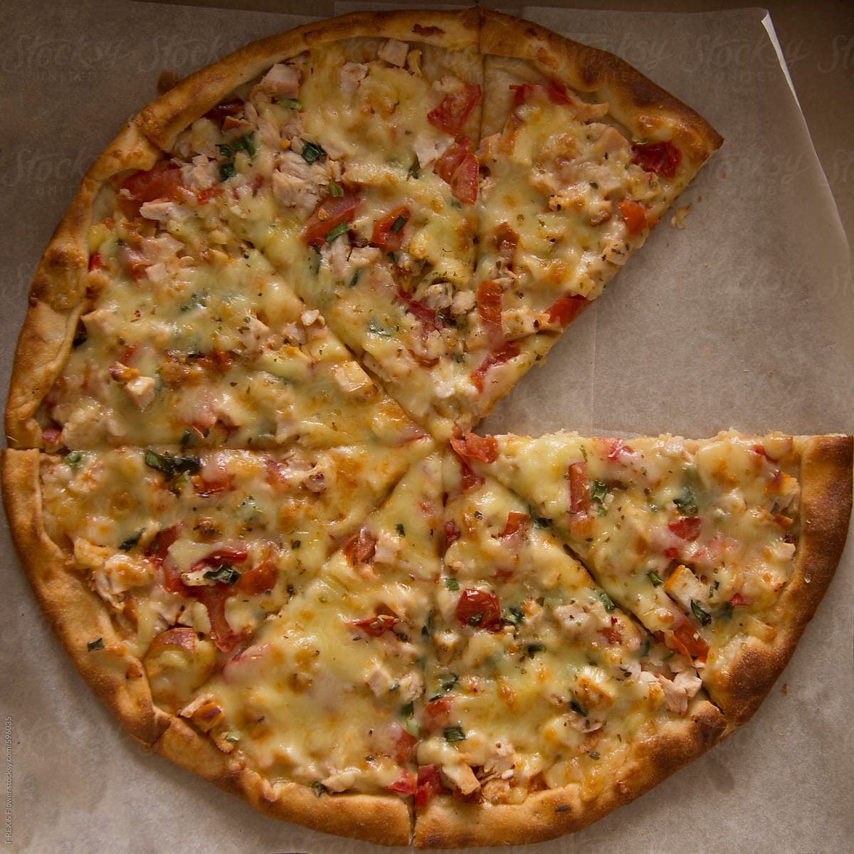 Tasty pizza with chicken vegetables and cheese