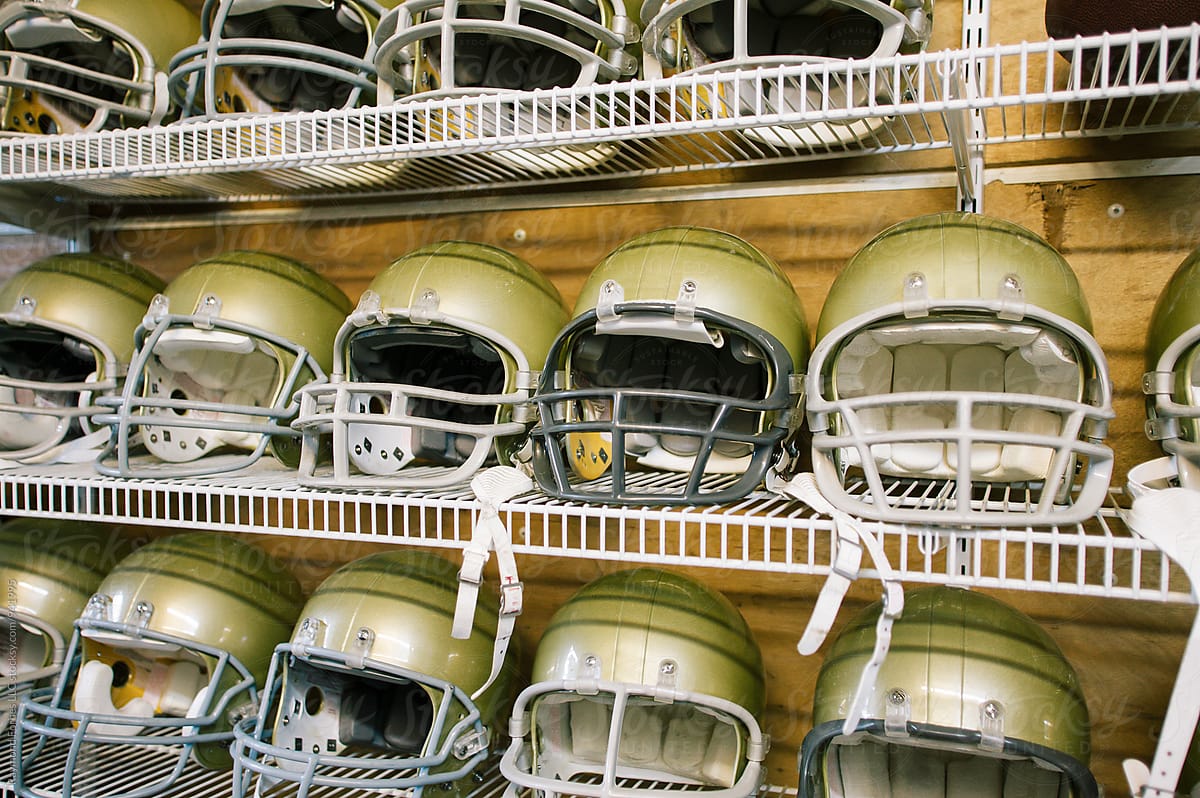 Football Helmets on Shelf