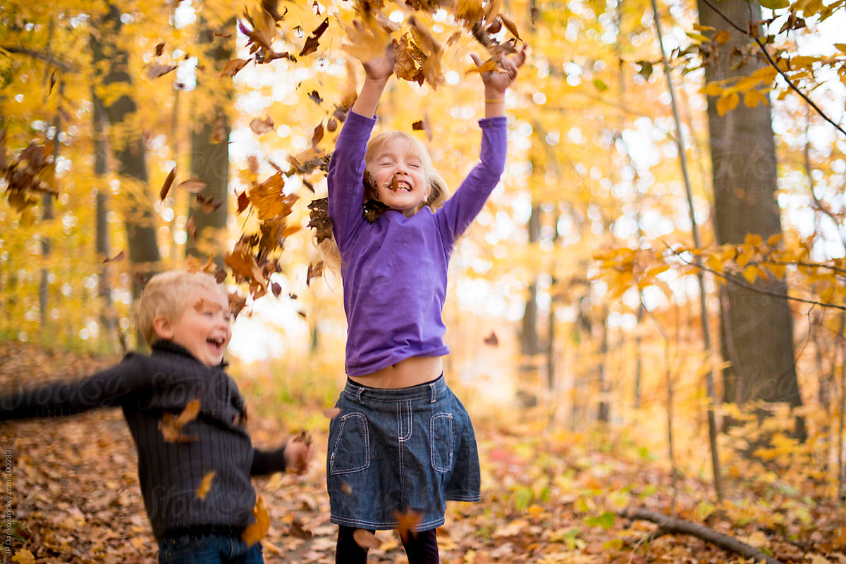 Kids Playing In Yellow Fall Leaves In Autumn porJP Danko