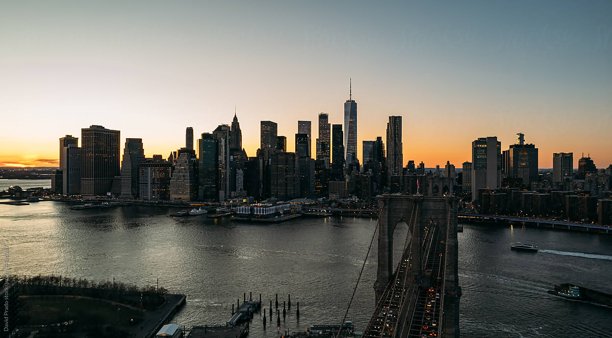 Drone view of Manhattan,New York City and Brooklyn bridge at sunset