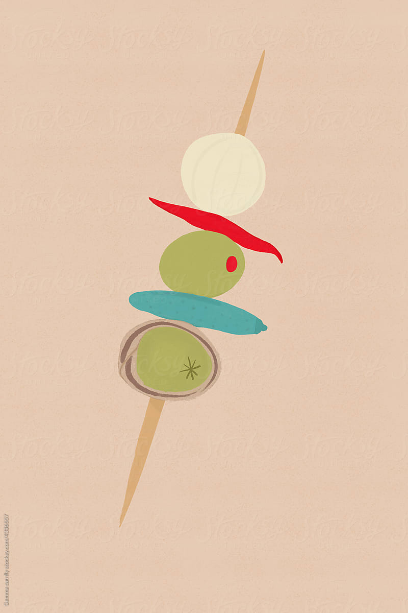 Aperitif with olives in a toothstick illustration